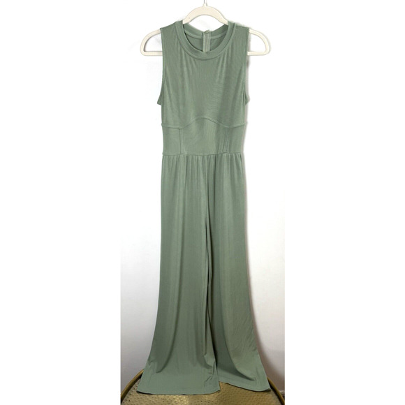 Cider Pants - Cider Sage Wide Leg Rib Knit Sleeveless Jumpsuit Modern Minimalist Hipster M